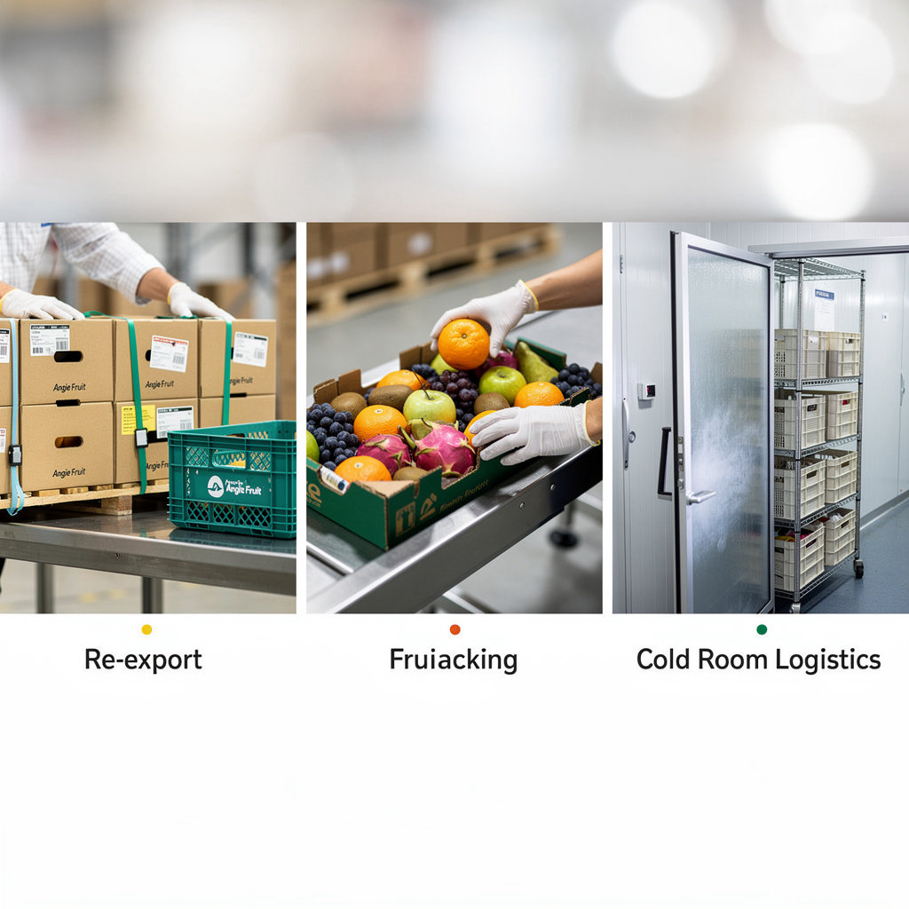 Angie Fruit cold room storage facility with temperature-controlled logistics for fruit re-export and packing services