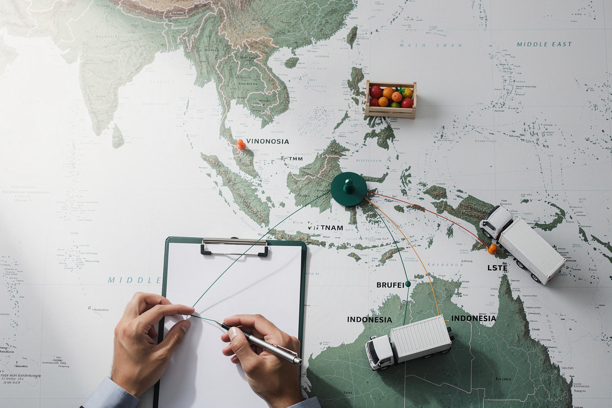 Angie Fruit re-export expansion map serving Southeast Asia and Middle East from Singapore